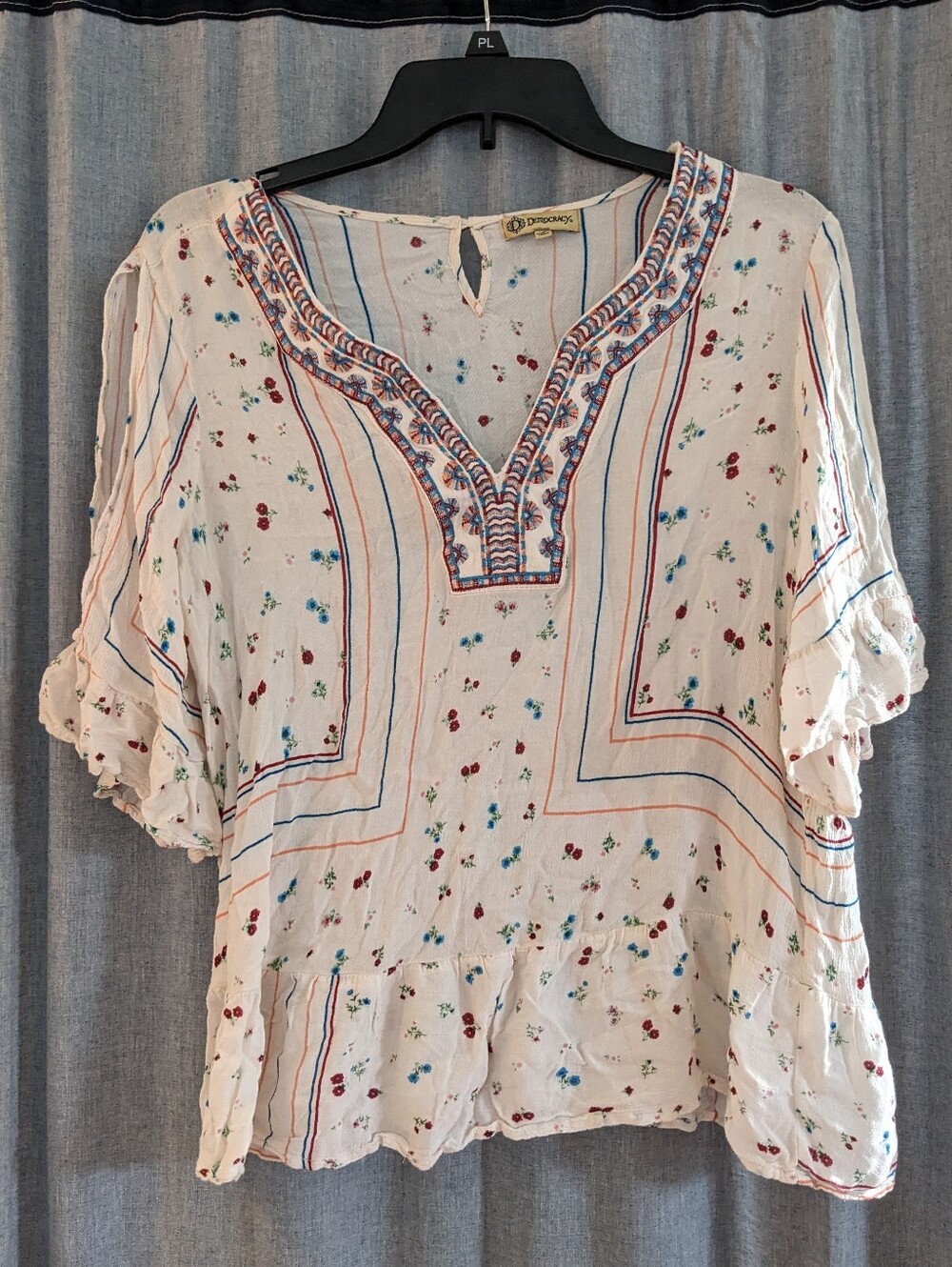 Democracy Top Blouse Womens L Cream Floral Cold Shoulder Lightweight Travel Boho
